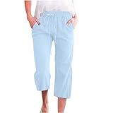 Prime of Day Deals Today 2024 Lounge Pants for Women - Light Blue, Cotton Linen, High Waist, Drawstring, Cropped Capris