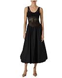 Women's Sleeveless Midi Sundress Patchwork Backless Flowy Knit Dress Mixed Media Swing Dress Black B