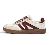 LUCKY STEP Women Classic Retro Gum Sole Fashion Sneakers Casual Tennis Skate Shoe Genuine Leather Walking Footwear Anti Slip Trainers(Beige/Red,7)