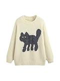 CIDER Women’s Cat Sweater Long Sleeve Crew Neck Fun Graphic Cute Patterned Pullover Sweater Tops: Beige, S