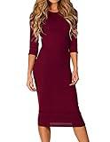 ICONOFLASH Women's 3/4 Sleeve Bodycon Midi Dress Crew Neck Fitted Dresses (Burgundy, Small)