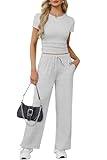 WIHOLL Lounge Sets for Women 2 Piece Petite Short Sleeve for Travel Vacation Outfits Business Casual Summer Workout Tracksuit Athletic 2025 Ruched Jogger Sets Wide Leg Sweatpants Light Grey M