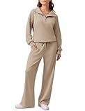 PINSPARK Womens Sweatsuits 2 Piece Set Quarter Zip Sweatshirt Wide Leg Sweatpants Matching Lounge Set Travel Tracksuit, Light Khaki Petite M