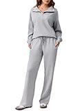 PINSPARK Womens Sweatsuits 2 Piece Set Oversized Sweatshirt 2024 Fall Fashion Track Suits Wide Leg Sweatpants with Pockets, Light Grey Petite XL