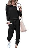 PRETTYGARDEN Women's Fall 2 Piece Lounge Outfit Long Sleeve Crewneck Pullover Tops High Waisted Pants Set Tracksuit (Black,Small)