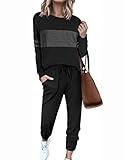 Ekouaer Womens Pajamas Set Long Sleeve Sweatsuits 2 Piece Lounge Set Crewneck Loungewear with Pockets Black, X-Large