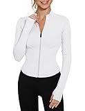 LUYAA White Zip Up Jackets for Women Athletic Workout Track Jacket Gym Clothes with Thumb Holes White L