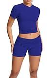 qfmqkpi Workout Outfits for Women 2 Piece Set Short Sleeve Tops Slim Foldover Shorts Matching Gym sets Tracksuit Sapphire Blue M