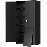 Greenvelly Metal Cabinet, 72” Black Tool Steel Locking Cabinet with Doors and 4 Shelves, Tall Cabinets for Garage Storage Systems Lockable File Cabinet for Home Office, Classroom/Pantry