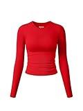 OQQ Womens Shirts Long Sleeve Crew Neck Ruched Stretch Basic Fitted Tee Shirts Tops Red