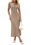 MEROKEETY Women's Polo V Neck Color Block Long Dress Elegant Stretch Fitted Pullover Maxi Dress, Khaki, X-Large