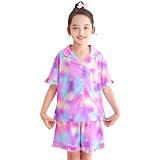 MHJY Girls Button Down Pajamas Sets, Short Sleeve Sleepwear with Shorts for Kids, Summer Pjs Pink Yellow