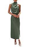 PRETTYGARDEN Women's 2024 Summer Satin Dress Elegant Sleeveless Mock Neck Cocktail Party Maxi Dresses (Army Green,Large)