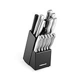 Farberware 15-Piece High-Carbon Stamped Stainless Steel Kitchen Knife Set with Wood Block, Steak Knives, Razor-Sharp, Black, Ultra-Sharp Blades, Ergonomic Comfort Grip