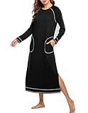 Ekouaer Womens Cott on Sleepwear Nightgown Long Sleeve Sleepshirts Loungewear Dress A-black