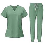 Scrubs Set with 10 Pockets Comfort Stretch Nursing Uniform Soft Casual Outfits Scrubs Short Sleeve Top and Pants Scrubs Women Notched V Neck Scrub Set 4 Way Stretch（1-Mint Green,Large）