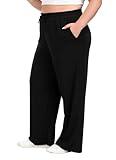 A-Wintage Women's Plus Size Wide Leg Pants Casual Lounge Trouser Loose Fit Drawstring Pajama Pants with Pockets Black