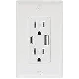 POWAWINI Wall Outlet 15 Amp, UL Listed, USB C & USB A Port, Charging Power Outlet with USB Ports, Tamper-Resistant Receptacle with Decor Wall Plates and Screws (White)