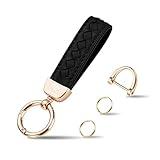 Genuine Leather Car Keychain, Handmade Knit Sheepskin Key chains for Women, Universal Key Fob Holder with 360 Degree Rotatable, Anti-Lost D-Ring, 2 Keyrings and 1 Screwdriver – Black