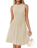 ZESICA Women's Summer Sleeveless Mini Dress 2024 Crewneck Knit A Line Pleated Swing Casual Basic Short Dress,Almond,Medium