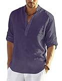 COOFANDY Men's Linen T-Shirts Long Sleeve Casual T-Shirts Button T-Shirt for Men Beach Summer Wedding T-Shirt Purple