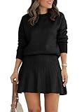Tankaneo Womens Skirt 2 Piece Sweater Set Long Sleeve Crewneck Sweaters Pleated Mini Skirt Knit Lounge Sets