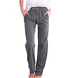 Generic Linen Trousers for Women, Prime of Day 2024 Special Deals, Womens Casual Cotton Linen Pants Summer Relax Fit Elastic Waist Straight Leg Plus Size Solid Lounge Long Trousers A03_Dark Gray, XL