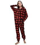 Focupaja Unisex Check Onesie Christmas Zip Up Matching Onesie Hooded Pajamas One Piece Non-Footed Jumpsuit Adult Women Men Red Black M