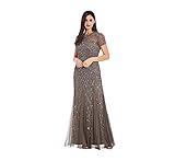 Adrianna Papell Women's Short-Sleeve Grid Beaded Gown, Lead, 18 Plus