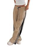 Hongsui Women's Wide Leg Pants Drawstring High Rise Side Striped Slouchy Palazzo Pants with Pockets (Khaki-M)