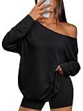 Trendy Queen Womens Tops Oversized Tshirts Off The Shoulder Long Sleeve Shirts One Shoulder Fall Outfits 2025 Casual Basic Tees Asymmetrical Going Out Fashion Clothes Black 2XL
