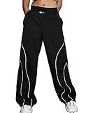 Korebow Fall Parachute Pants for Women Y2K Sweatpants Pockets High Elatic Waist Casual Sports Cargo Pants(0001-Black-XL)