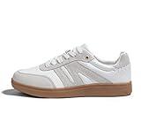 LUCKY STEP Women Classic Retro Gum Sole Fashion Sneakers Casual Tennis Skate Shoe Genuine Leather Walking Footwear Anti Slip Trainers(White/Grey,8)