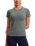 CRZ YOGA Seamless Workout Tops for Women Short Sleeve Athletic Tees Breathable Gym Running Yoga Shirts Grey Sage Medium