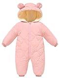 uideazone Baby Girl Snow Suit Lovely Pink Winter Coat Jumpsuit for Infant One Piece Hooded Romper Snowsuit with Warm Lining 12-18 Month