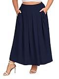 Moon Wood Women's Plus Size High Waist Elastic Long Maxi Skirt Flowy Pleated A-Line Casual Swing Summer Skirt with Pockets Navy Blue