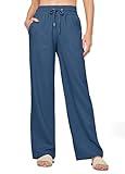 Willit Women Linen Pants Wide Leg Casual Palazzo Pants Cotton Linen Lounge Beach Summer Pants with Pockets 31'' Denim Blue XL