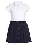 Nautica Girls' Big School Uniform Short Sleeve Polo Dress, White/Navy Poplin, 12-14