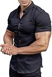 EOUOSS Men’s Muscle Fit Dress Shirts Stretch Athletic Slim Fit Short Sleeve Casual Button Down Shirt Black Medium
