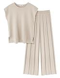 Ekouaer Lounge Sets for Women Two Piece Outfits Knit Cap Sleeve Tops Wide Leg Pleated Pants Casual Dressy Sweater Sets Beige