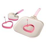 Paris Hilton Breakfast Ceramic Nonstick Cookware Set, Includes Square Griddle, Mini Heart Shaped Fry Pan and Two Silicone Heart Shaped Egg Rings, 4-Piece Set, Pink