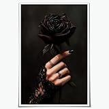 Gothic Romantic Wall Art Black Rose Poster Dark Academia Canvas Printing Victorian Witchy Aesthetic Posters Dark Cottagecore Halloween Home Decor 8x12inch Unframed