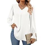 Funlingo Womens Tops Dressy Causal Long Sleeve Chiffon Loose Business Outfits Fall V Neck Shirt Elegant Office Tunic Blouse White X-Large