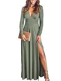 ANRABESS Women Deep V Neck Long Sleeve Slit 2024 Fall Elegant Formal Wedding Guest Cocktail Evening Date Prom Maxi Long Dress Green Medium