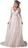 Lace Long Sleeve Wedding Dresses for Bride with Train V Neck Simple Bridal Gowns for Bride 2024 Ivory 8