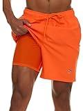 Champion Mens Swim Trunks with Compression Liner, 2 in 1 Mens Bathing Suit Shorts, 7 Inch Inseam Board Shorts for Swimming Orange