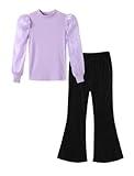 girls business outfit kids clothes girls girls velvet sweatsuit girls' clothing sets puff sleeve shirt, flare pants for girls, ribbed shirt, long sleeve mesh sleeve shirt girls Purple 6