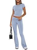 REORIA Women's Summer Casual Outfits Pajama Sets Crew Neck Short Sleeve Crop Top Fold Over Flare Pants Y2K Soft 2 Piece matching Lounge Sets Light Blue Small