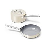 Caraway Mini Cookware Set - Non-Stick Ceramic Fry Pan (1.05 qt, 8") Sauce Pan (1.75 qt) & Storage Rack - Non Toxic, PTFE & PFOA Free - Oven Safe & Stovetop Agnostic (Gas, Electric & Induction) - Cream