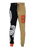 SCREENSHOT-P11356 Mens Streetwear Premium Classic Fit Urban Fleece Pants - Half Paisley Pattern Bandana Embroidery Patch Fashion Sweatpants-Black/Khaki-Medium